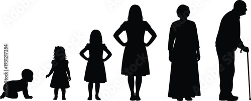 Human life stages silhouettes, crawling infant, child, adolescent, adult, elderly with cane, aging process, family, growth, development, generational concept, timeline illustration
