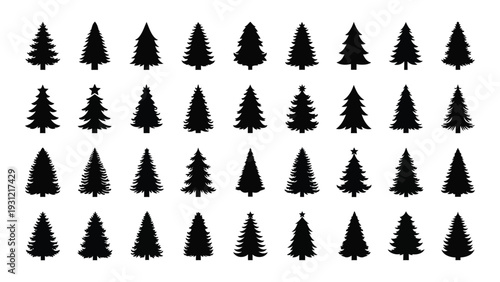 A grid of black pine tree silhouettes on a white background isolated on white background, Vector