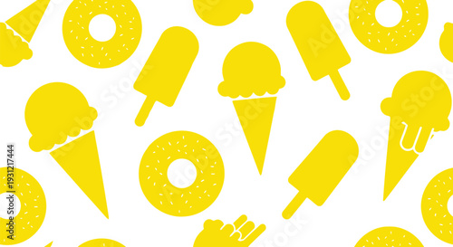 Yellow ice cream and donut seamless vector pattern for summer dessert backgrounds