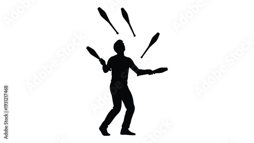 A person juggling clubs in a dynamic pose isolated on white background, Vector