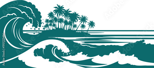 Tropical Island Wave Vector Pattern with Palm Trees and Ocean Surf Illustration