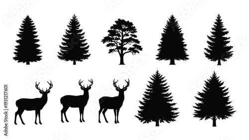 Black silhouettes of deer and various trees isolated on white background, Vector