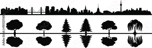 Black silhouette of city skyline with suspension bridge and reflecting trees, urban landscape and nature concept on white background