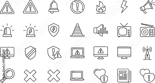 Warning and Security Icon Set with Shield Alert Bell Fire and Monitor Outline Symbols Collection