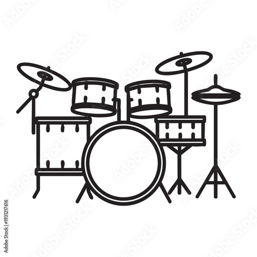 A black and white drawing of a drum set