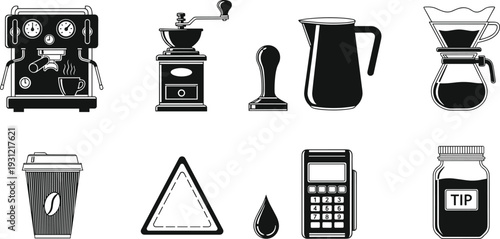 Black and white coffee shop icons including espresso machine, grinder, tamper, milk frothing pitcher, pour-over maker, disposable cup, payment terminal, tip jar, and caution sign.