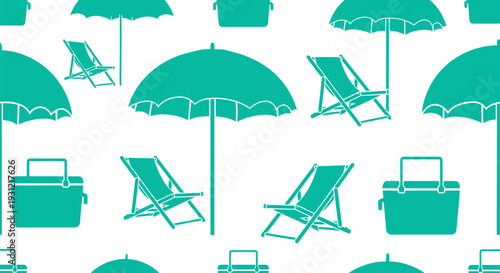 Summer beach vector pattern with umbrellas, deck chairs, and coolers seamless background