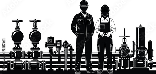 Black and white illustration of industrial workers wearing protective gear standing in front of complex machinery, valves, pumps, tanks, and piping for engineering, manufacturing, and maintenance 