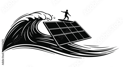 Surfer rides a solar panel cresting a powerful wave, symbolizing renewable energy and adventure.