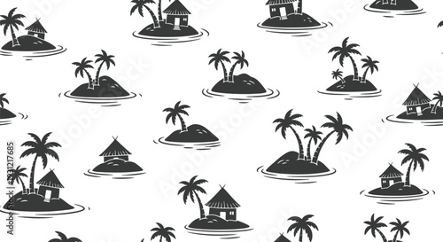 Tropical Island Vector Pattern with Palm Trees and Huts Seamless Black and White Design