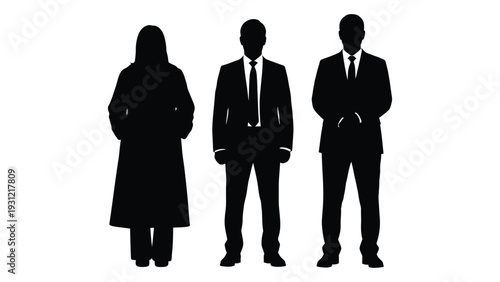 Three business professionals standing in a row isolated on white background, Vector