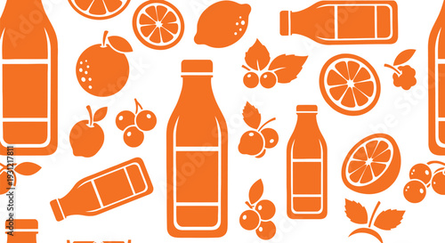 Orange juice bottle and fruit seamless vector pattern for beverage packaging and backgrounds