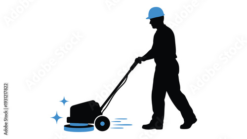 A man in a blue hard hat pushing a lawn mower isolated on white background, Vector
