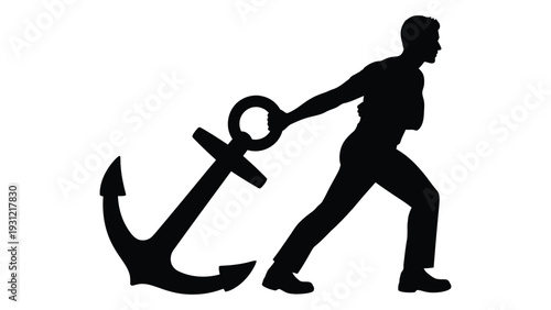 Man dragging a large anchor isolated on white background, Vector