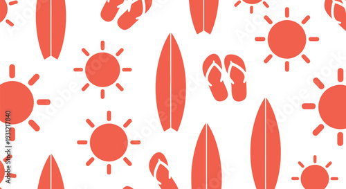 Summer beach vector pattern with surfboards, flip flops, and sun icons seamless background