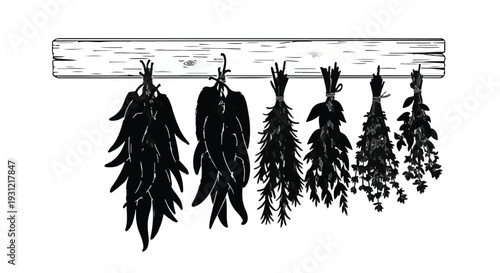 Herbs and peppers hanging to dry on a rustic wooden beam, evoking a sense of natural harvest and homemade flavor.