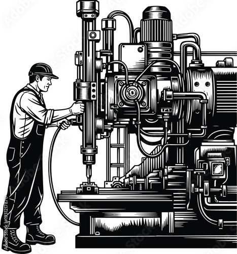Detailed black and white illustration of factory worker operating vertical drill press industrial machine with gears, motors, pipes, and control panels in manufacturing and engineering environment.