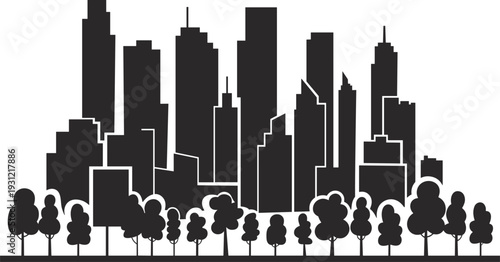 Black silhouette of modern city skyline with skyscrapers and urban park trees, metropolitan landscape and green city concept isolated on white background