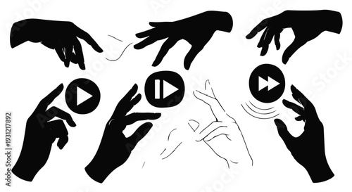 Hands interact with abstract media player icons, symbolizing control and navigation of digital content.
