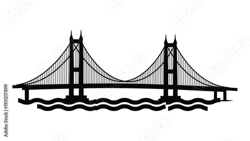 A black silhouette of a suspension bridge over water isolated on white background, Vector