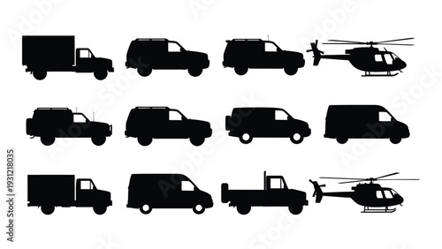 A collection of black silhouette images of various vehicles isolated on white background, Vector