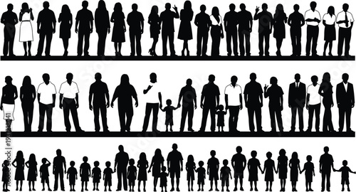 Silhouettes of diverse adults and children walking, standing, holding hands, gesturing, playful figures in casual attire illustration collection