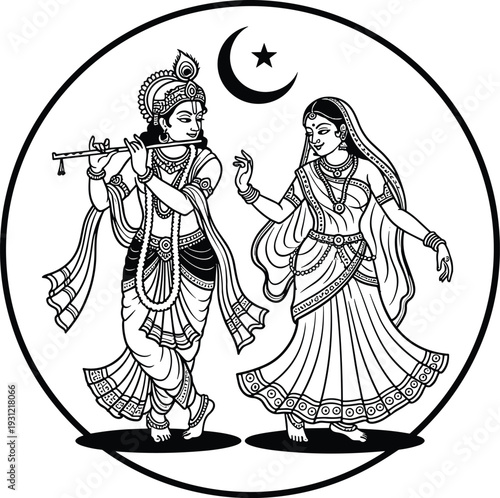 Traditional black and white illustration of Hindu deities Krishna and Radha, divine love, flute playing, dancing, cultural art, mythology, devotion, spirituality, and religious symbolism
