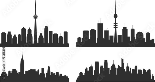 City skyline silhouette collection featuring Toronto, Berlin, New York, and Chicago landmarks, showcasing architecture, urban design, and artistic illustration