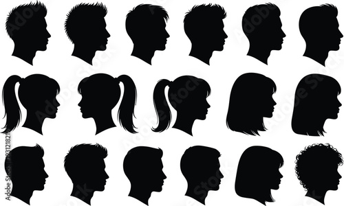 Silhouettes of diverse human head profiles with varied hairstyles, demographic concept, hairstyle study, facial outline illustration design