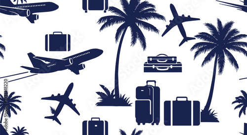 Travel vector pattern with airplanes, palm trees, and luggage seamless background design