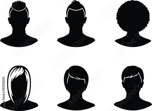 Silhouettes of diverse human head profiles with varied hairstyles, identity concept, hairstyle recognition study, avatar illustration design