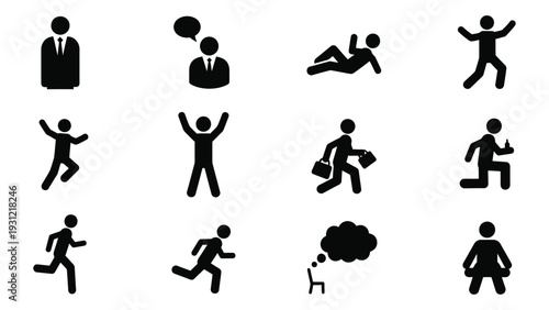 A collection of stick figures in various poses and actions isolated on white background, Vector