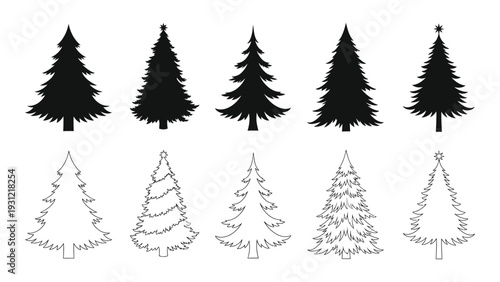 A group of christmas tree icons in black and white isolated on white background, Vector
