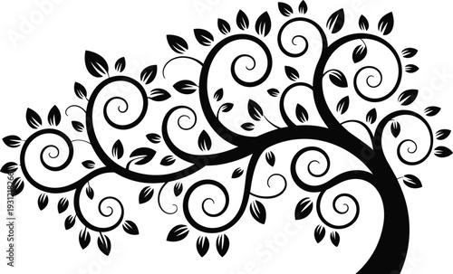 Decorative tree silhouette with swirling branches, leaves, and ornamental design, symbolizing nature, creativity, balance, and artistic inspiration