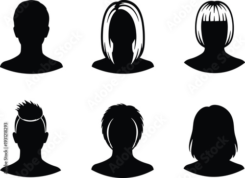 Silhouettes of diverse human head profiles with varied hairstyles, identity concept, hairstyle recognition study, avatar illustration design