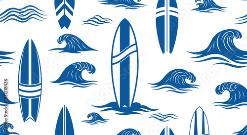 Seamless Surfboard and Ocean Wave Vector Pattern in Blue and White for Summer Design