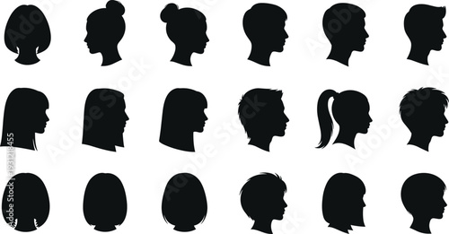Silhouettes of diverse human head profiles, vector illustration showing hairstyles, face shapes, male and female portraits, creative design elements