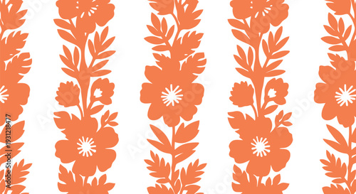 Seamless Floral Vector Pattern with Orange Flowers and Leaves on White Background