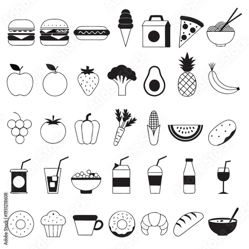 Food and Drink Icon Set Vector Line Art Illustrations