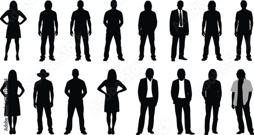 Silhouettes of diverse individuals in various poses, vector illustration showing male and female figures with casual, business, and unique attire