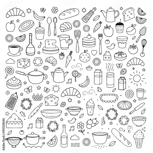 Hand Drawn Kitchen Doodle Seamless Pattern: Cooking Tools, Bakery, and Food Icons Vector Set.