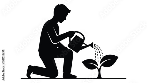 A man is kneeling down watering a plant isolated on white background, Vector