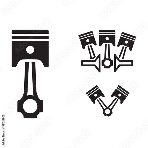 Black and white icons of engine parts and pistons