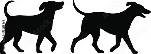 Dog walking silhouette collection with raised tails, side profile poses, showcasing pet motion, animal behavior, and artistic design