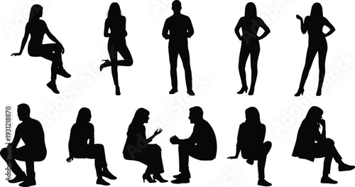 Silhouettes of diverse men and women seated and standing, body language concept, posture study, human interaction, expressive gesture illustration design