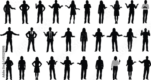 Silhouettes of diverse people gesturing, shrugging, standing in varied poses, expressive human figures with arms raised, corporate and casual illustration collection