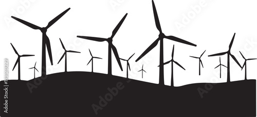 Wind Turbine Farm Silhouette on Rolling Hills Landscape Illustrating Renewable and Sustainable Green Energy Generation , Generative Ai