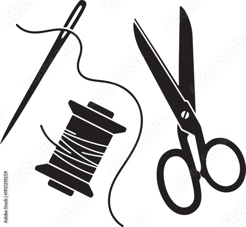 Classic Sewing Tools Silhouette: Needle, Thread Spool, and Scissors for Tailoring and Crafting Projects , Generative Ai