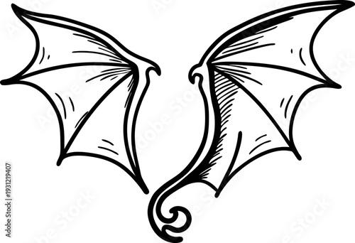 dragon wings with curved tail outline drawing fantasy mythical creature, bat like wing design with detailed veins and claws
