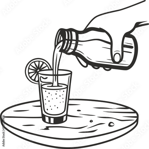 Hand pouring a glass of fresh juice with lemon slice on wooden table illustration